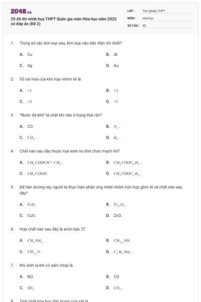 25 đề thi minh họa THPT Quốc gia môn Hóa học năm 2022 có đáp án (Đề 2)