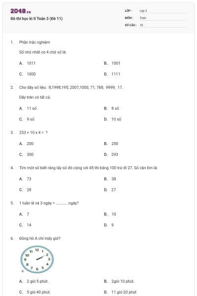 Đề thi học kì II Toán 3 (Đề 11)