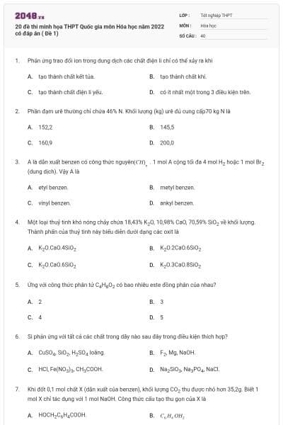 20 đề thi minh họa THPT Quốc gia môn Hóa học năm 2022 có đáp án ( Đề 1)