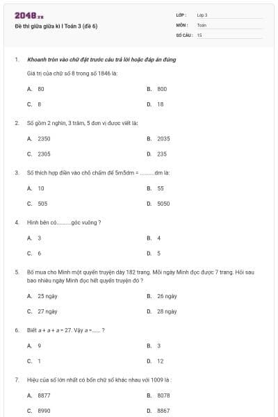 Đề thi giữa giữa kì I Toán 3 (đề 6)