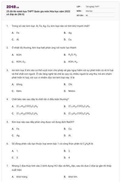 25 đề thi minh họa THPT Quốc gia môn Hóa học năm 2022 có đáp án (Đề 6)