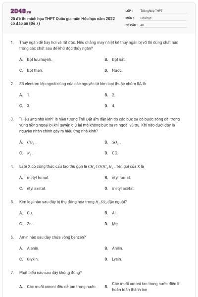 25 đề thi minh họa THPT Quốc gia môn Hóa học năm 2022 có đáp án (Đề 7)