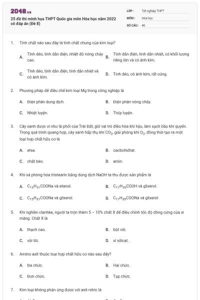 25 đề thi minh họa THPT Quốc gia môn Hóa học năm 2022 có đáp án (Đề 8)