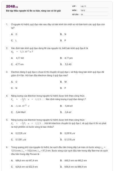 Bài tập Mẫu nguyên tử Bo cơ bản, nâng cao có lời giải