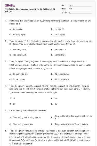 190 Bài tập Sóng ánh sáng trong đề thi thử Đại học có lời giải (p2)