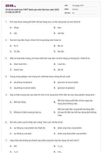 25 đề thi minh họa THPT Quốc gia môn Hóa học năm 2022 có đáp án (Đề 9)