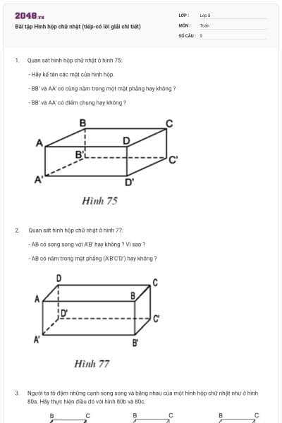 Bài tập Hình hộp chữ nhật (tiếp-có lời giải chi tiết)