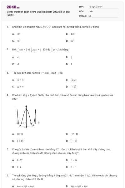 Đề thi thử môn Toán THPT Quốc gia năm 2022 có lời giải (Đề 6)