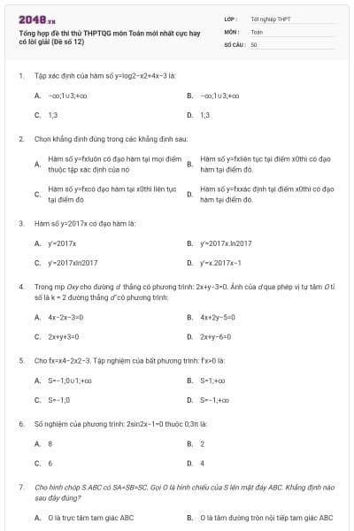 Tổng hợp đề thi thử THPTQG môn Toán mới nhất cực hay có lời giải (Đề số 12)