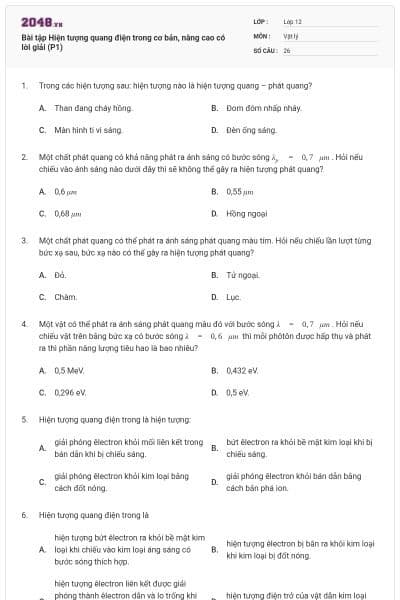 Bài tập Hiện tượng quang điện trong cơ bản, nâng cao có lời giải (P1)