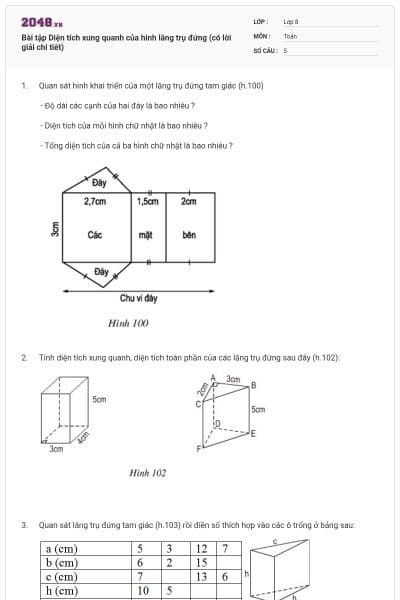 Bài tập Diện tích xung quanh của hình lăng trụ đứng (có lời giải chi tiết)