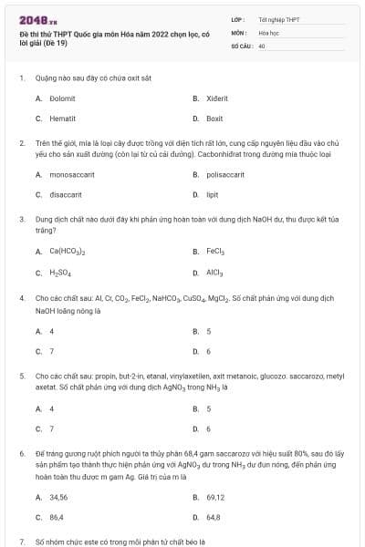Đề thi thử THPT Quốc gia môn Hóa năm 2022 chọn lọc, có lời giải (Đề 19)