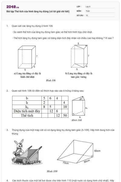 Bài tập Thể tích của hình lăng trụ đứng (có lời giải chi tiết)