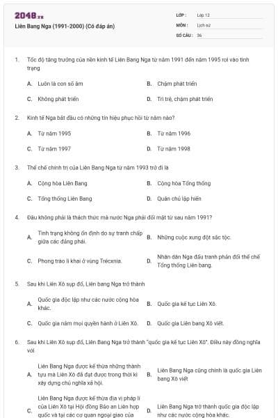 Liên Bang Nga (1991-2000) (Có đáp án)