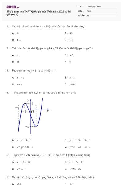 35 đề minh họa THPT Quốc gia môn Toán năm 2022 có lời giải (Đề 8)