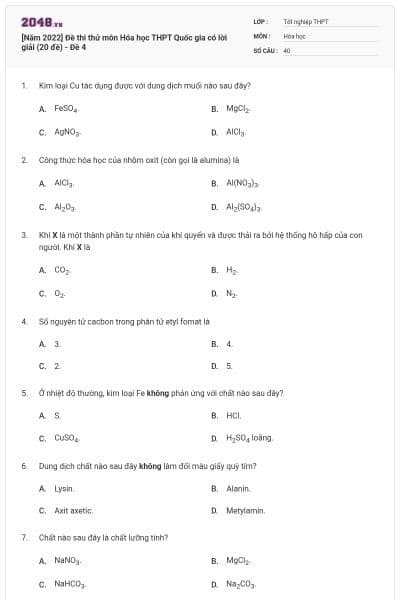 [Năm 2022] Đề thi thử môn Hóa học THPT Quốc gia có lời giải (20 đề) - Đề 4