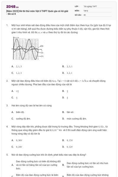 [Năm 2022] Đề thi thử môn Vật lí THPT Quốc gia có lời giải - Đề số 8