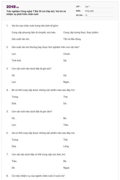 Trắc nghiệm Công nghệ 7 Bài 30 (có đáp án): Vai trò và nhiệm vụ phát triển chăn nuôi