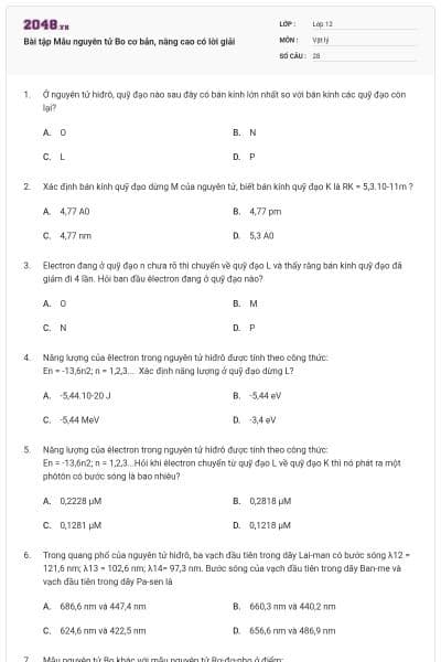 Bài tập Mẫu nguyên tử Bo cơ bản, nâng cao có lời giải