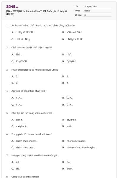 [Năm 2022] Đề thi thử môn Hóa THPT Quốc gia có lời giải (Đề 28)