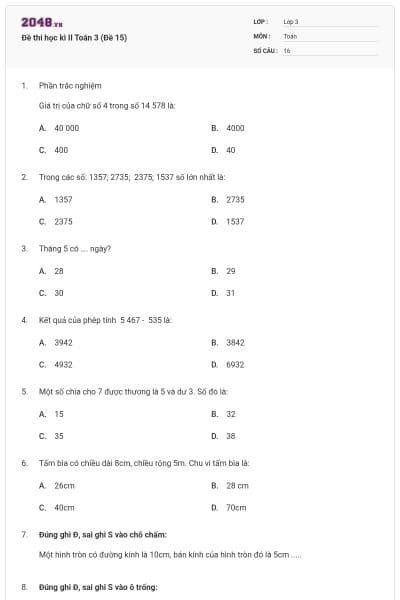 Đề thi học kì II Toán 3 (Đề 15)