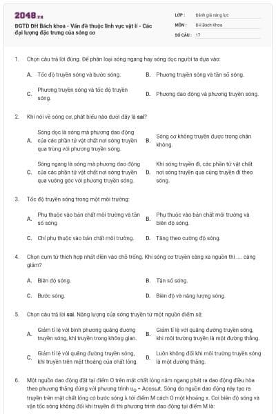 ĐGTD ĐH Bách khoa - Vấn đề thuộc lĩnh vực vật lí - Các đại lượng đặc trưng của sóng cơ