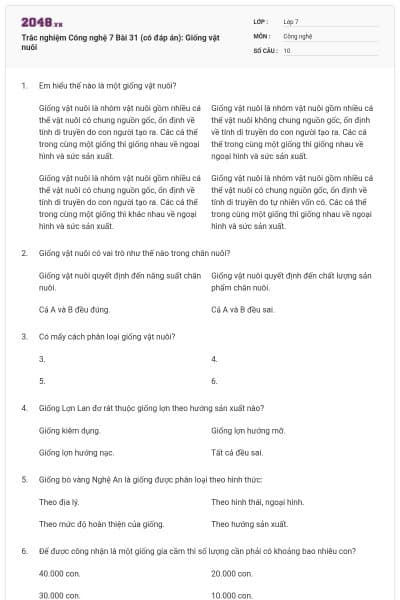 Trắc nghiệm Công nghệ 7 Bài 31 (có đáp án): Giống vật nuôi