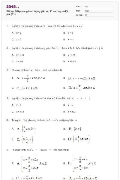 Bài tập Giải phương trình lượng giác lớp 11 cực hay có lời giải (P1)