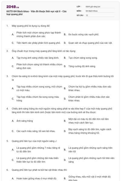 ĐGTD ĐH Bách khoa - Vấn đề thuộc lĩnh vực vật lí - Các loại quang phổ