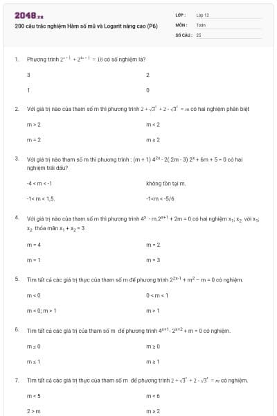 200 câu trắc nghiệm Hàm số mũ và Logarit nâng cao (P6)