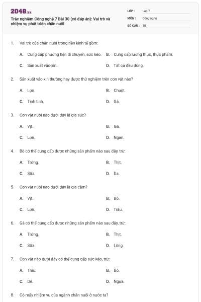 Trắc nghiệm Công nghệ 7 Bài 30 (có đáp án): Vai trò và nhiệm vụ phát triển chăn nuôi
