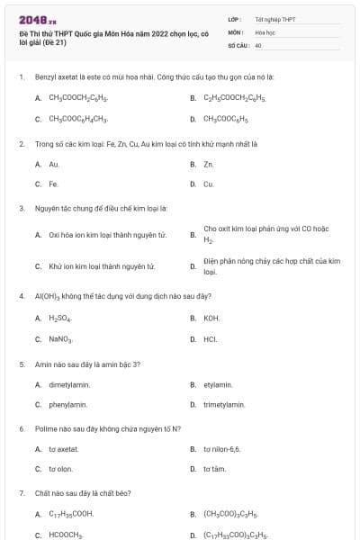 Đề Thi thử THPT Quốc gia Môn Hóa năm 2022 chọn lọc, có lời giải (Đề 21)