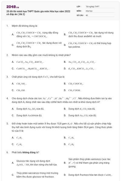 20 đề thi minh họa THPT Quốc gia môn Hóa học năm 2022 có đáp án ( Đề 2)