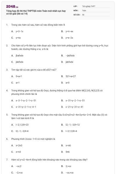 Tổng hợp đề thi thử THPTQG môn Toán mới nhất cực hay có lời giải (Đề số 14)