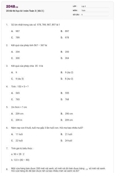 20 Đề thi học kì I môn Toán 3 ( Đề 3 )