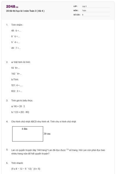 20 Đề thi học kì I môn Toán 3 ( Đề 4 )