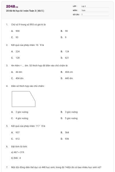20 Đề thi học kì I môn Toán 3 ( Đề 5 )