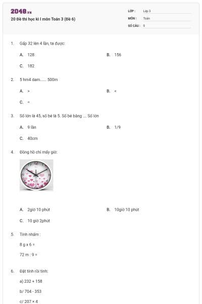 20 Đề thi học kì I môn Toán 3 (Đề 6)