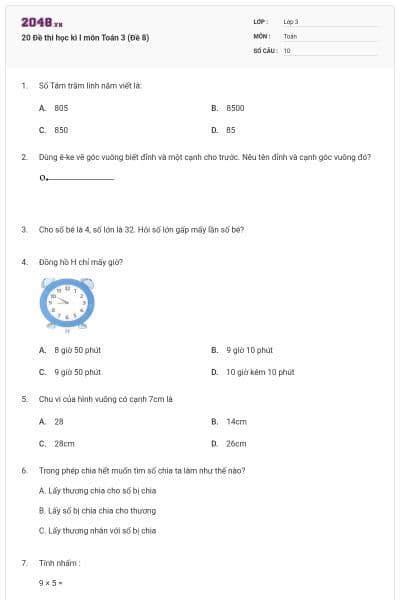 20 Đề thi học kì I môn Toán 3 (Đề 8)