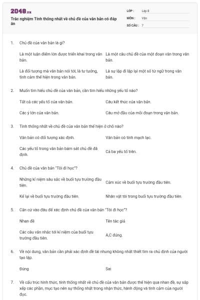 Trắc nghiệm Tính thống nhất về chủ đề của văn bản có đáp án