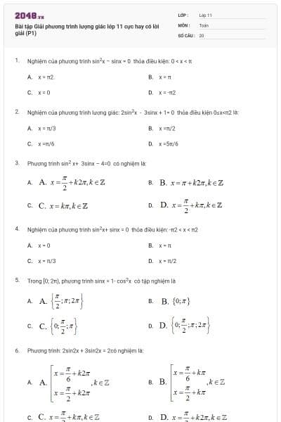 Bài tập Giải phương trình lượng giác lớp 11 cực hay có lời giải (P1)