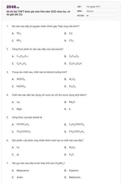 Đề thi thử  THPT Quốc gia môn Hóa năm 2022 chọn lọc, có lời giải (Đề 22)