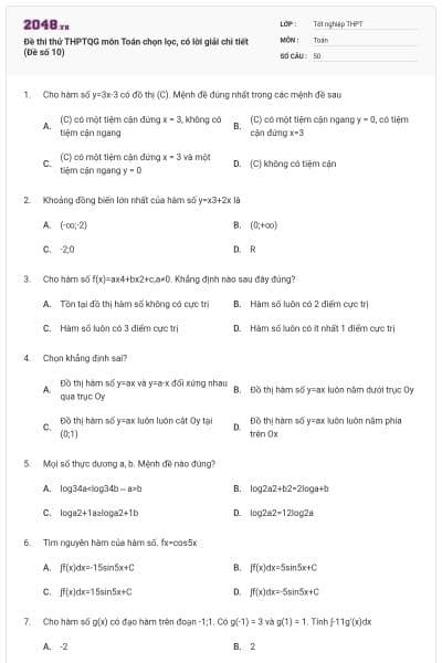 Đề thi thử THPTQG môn Toán chọn lọc, có lời giải chi tiết (Đề số 10)