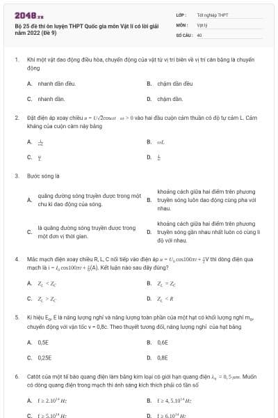 Bộ 25 đề thi ôn luyện THPT Quốc gia môn Vật lí có lời giải năm 2022 (Đề 9)