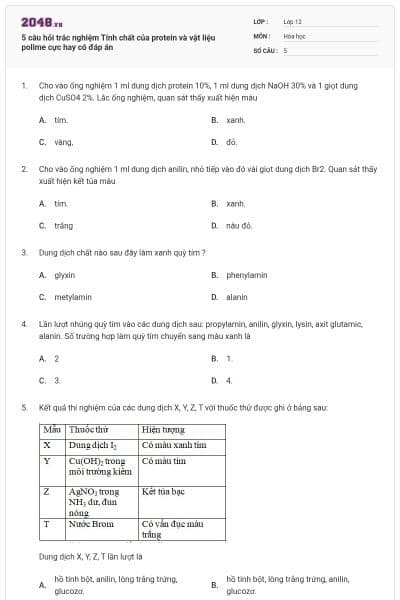 5 câu hỏi trắc nghiệm Tính chất của protein và vật liệu polime cực hay có đáp án