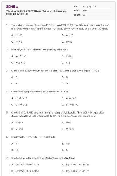 Tổng hợp đề thi thử THPTQG môn Toán mới nhất cực hay có lời giải (Đề số 15)