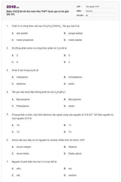 [Năm 2022] Đề thi thử môn Hóa THPT Quốc gia có lời giải (Đề 29)