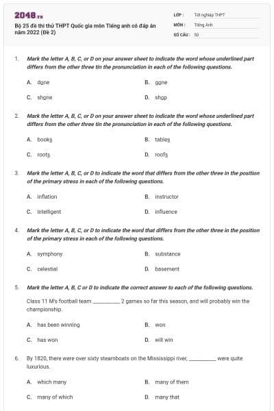 Bộ 25 đề thi thử THPT Quốc gia môn Tiếng anh có đáp án năm 2022 (Đề 2)