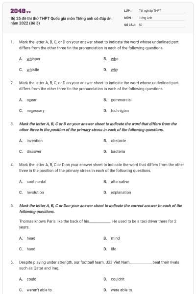 Bộ 25 đề thi thử THPT Quốc gia môn Tiếng anh có đáp án năm 2022 (Đề 3)