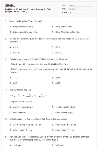 Đề kiểm tra 15 phút Hóa 11 Học kì 2 có đáp án (Trắc nghiệm - Bài số 1 - Đề 2)